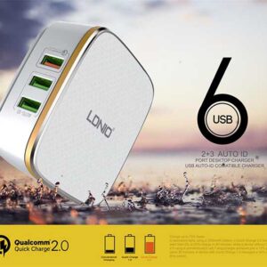 هاب شارژر کوالکام 2.0 الدینیو LDNIO 6 USB Port with AUTO-ID Quick Charger | A6704