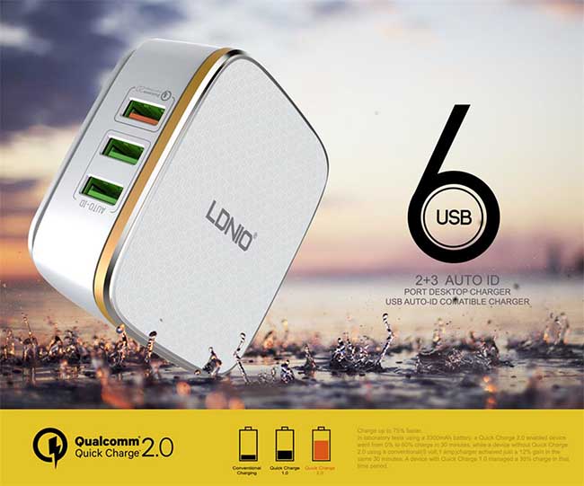 هاب شارژر کوالکام 2.0 الدینیو LDNIO 6 USB Port with AUTO-ID Quick Charger | A6704